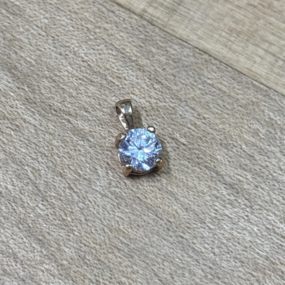 Vintage Gold Tone Clear CZ Solitaire Pendant Round 4-Prong Sparkly Estate Find